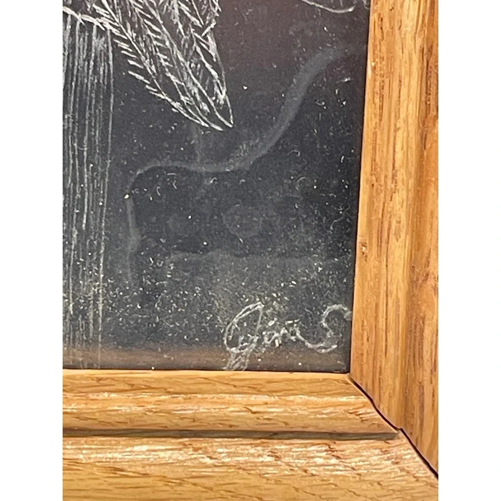 Vintage Owl Burning on Acrylic Original Art Signed Gen Kreiling 2001 Oak Frame